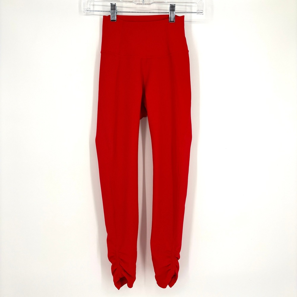 Wilo The‎ Label Red Ribbed Mid Rise Ruched Ankle Pull On Stretch Leggings XS - Picture 2 of 12